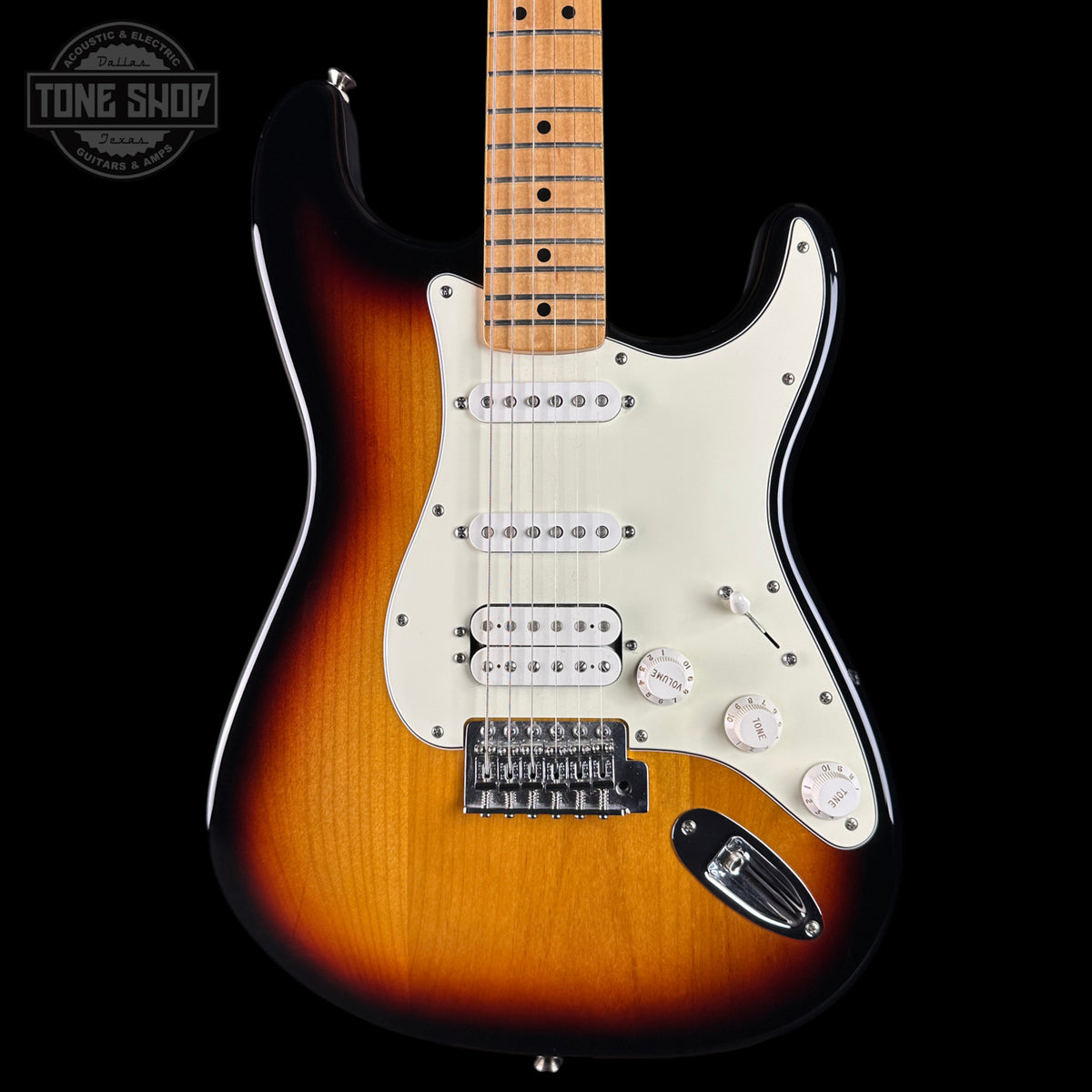 Electric guitar with a sunburst finish on a black background, featuring the Tone Shop logo.