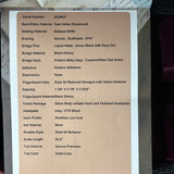 Technical specifications of a guitar on a cardboard background