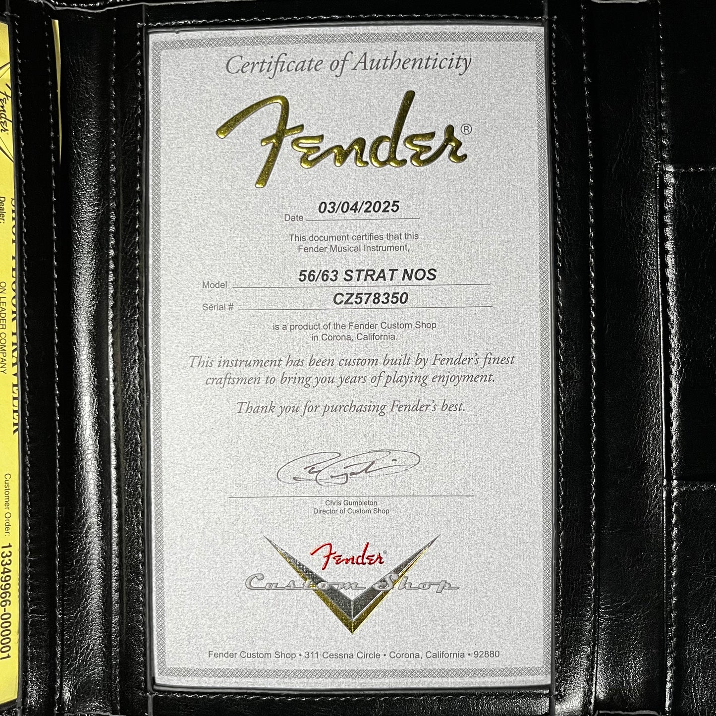 COA of Fender Custom Shop 56/63 Stratocaster NOS Arctic Pearl w/case