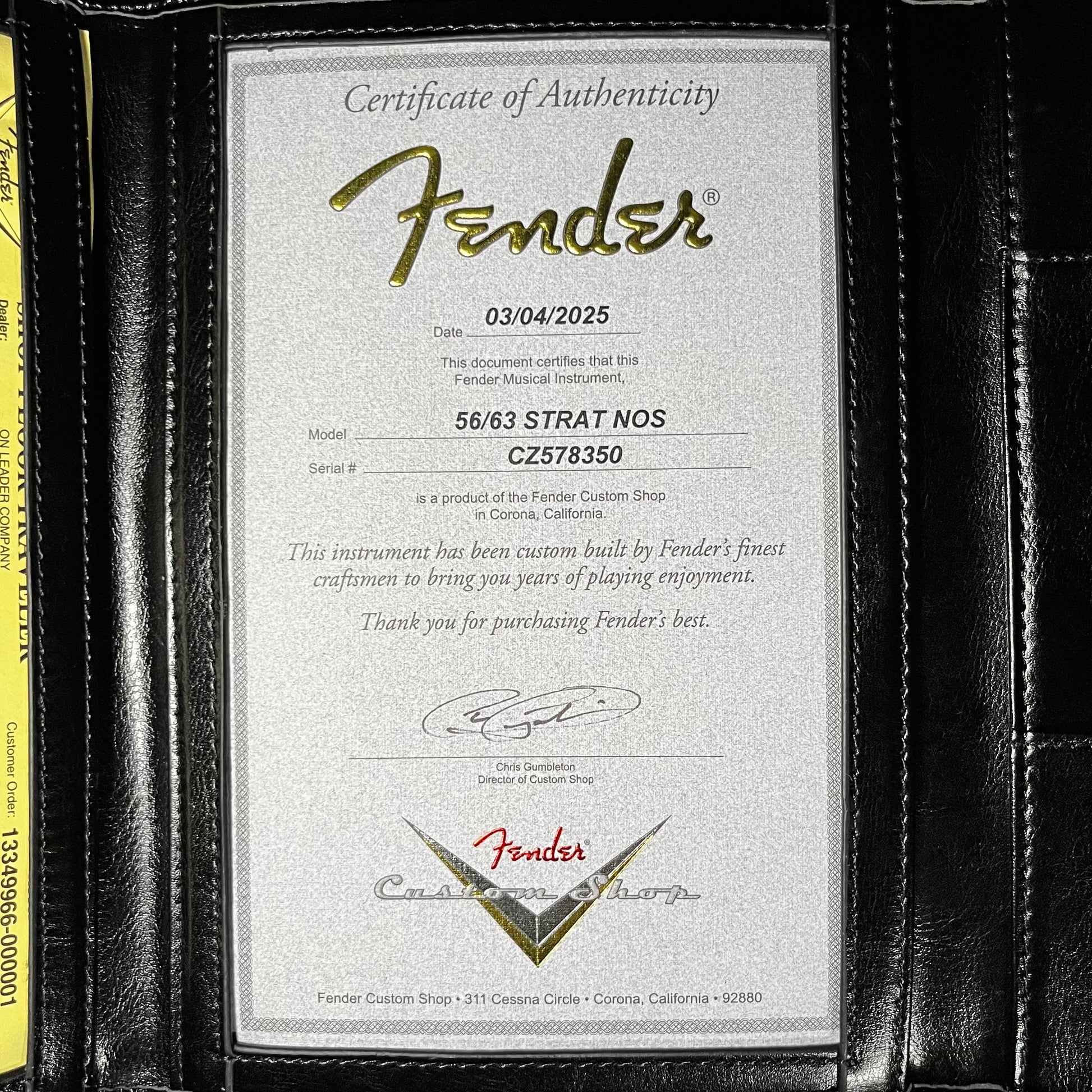 COA of Fender Custom Shop 56/63 Stratocaster NOS Arctic Pearl w/case