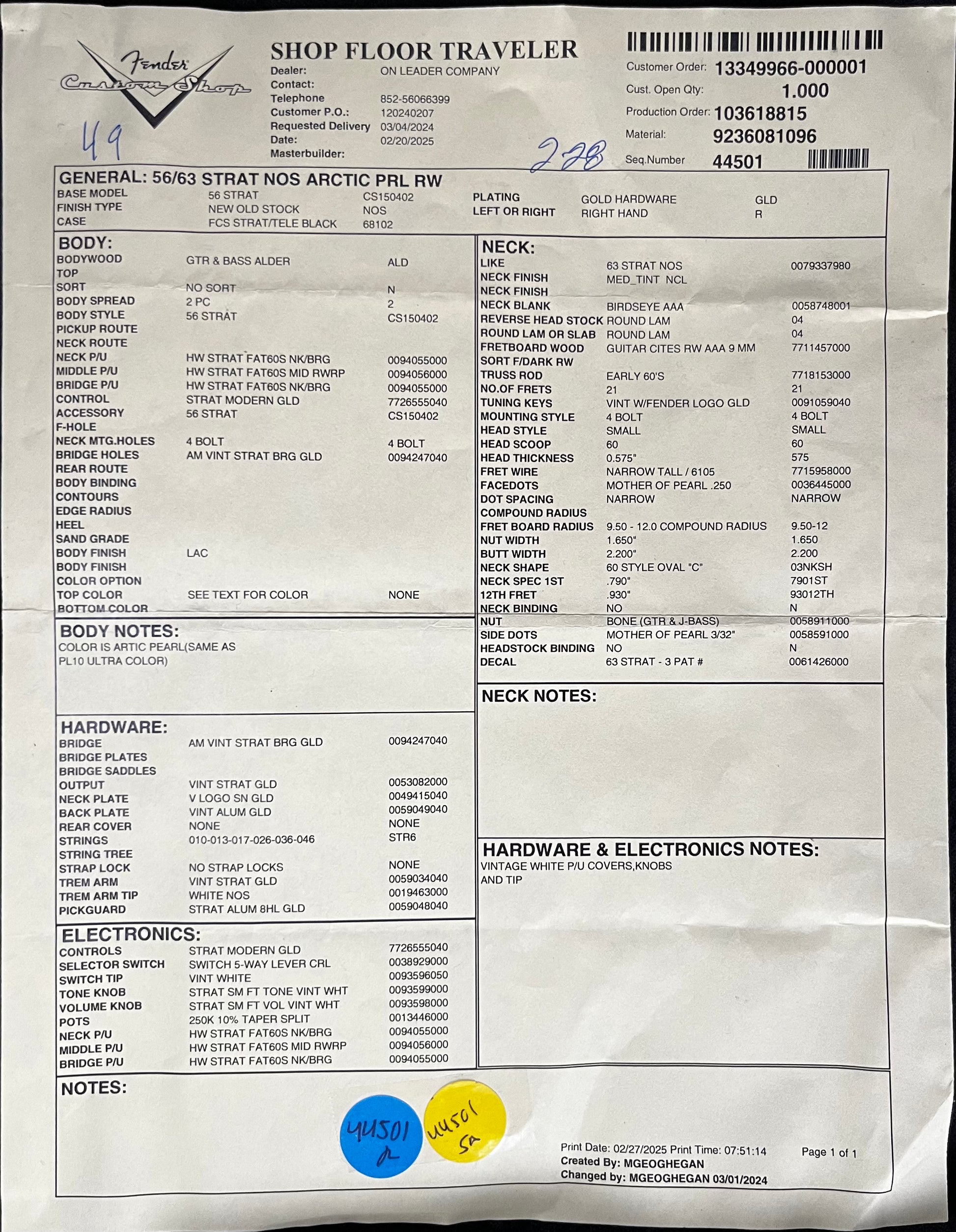 Traveler of Fender Custom Shop 56/63 Stratocaster NOS Arctic Pearl w/case