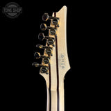 Guitar headstock with brand logo on a black background