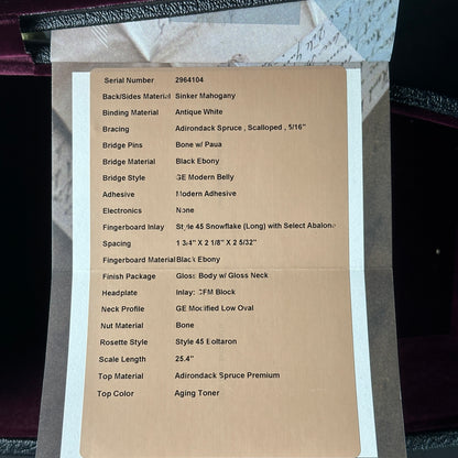 Spec sheet for Martin Custom Shop Dread 42 Style Adirondack/Sinker Mahogany.