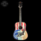Acoustic guitar with American flag design on a black background