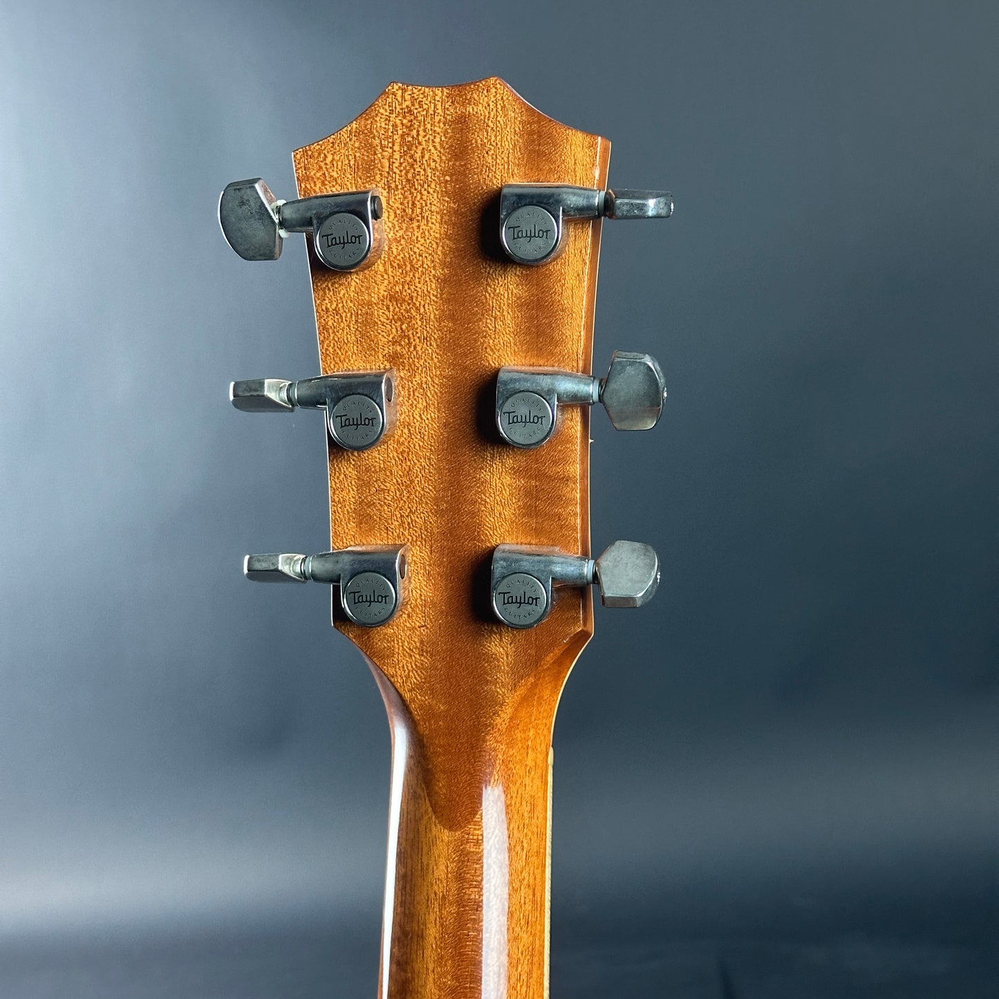 Close-up of a guitar headstock with tuning pegs on a gray background