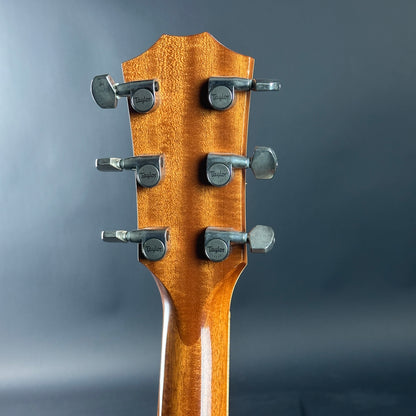 Close-up of a guitar headstock with tuning pegs on a gray background