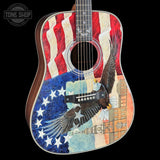 Acoustic guitar with American flag and eagle design on a black background