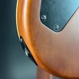 Close-up detail of a wooden electric guitar body showing the warm brown wood grain, black pickguard, and silver screws against a dark blurred background.
