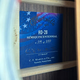 Blue label on a guitar case with 'C.F. Martin & Co.' branding