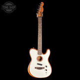 A Fender Telecaster-style electric guitar with a white body, natural wood sides and neck, and black hardware, shown against a solid black background with a Tone Shop watermark in the top-left corner.