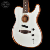 A white electric-acoustic guitar with a natural wood body and neck, shown against a solid black background. A Tone Shop watermark is visible in the top-left corner.
