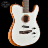 A Fender Telecaster-style electric acoustic guitar with a white body, natural wood sides and neck, and black hardware, shown against a black background with a Tone Shop watermark in the upper left.