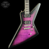 Front angle of Used Epiphone Extura Prophecy Purple Tiger.