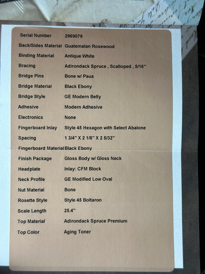 Spec sheet for Martin Custom Shop Dread 14-Fret Guatemalan Rosewood.
