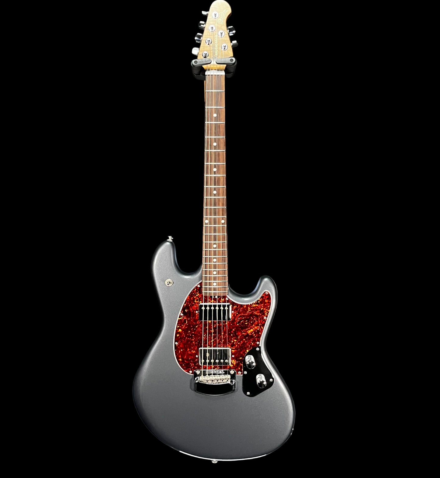 Full front of Used 2018 Music Man Stringray RS Charcoal Frost Roasted Neck RW Guitar w/Case TFW2641