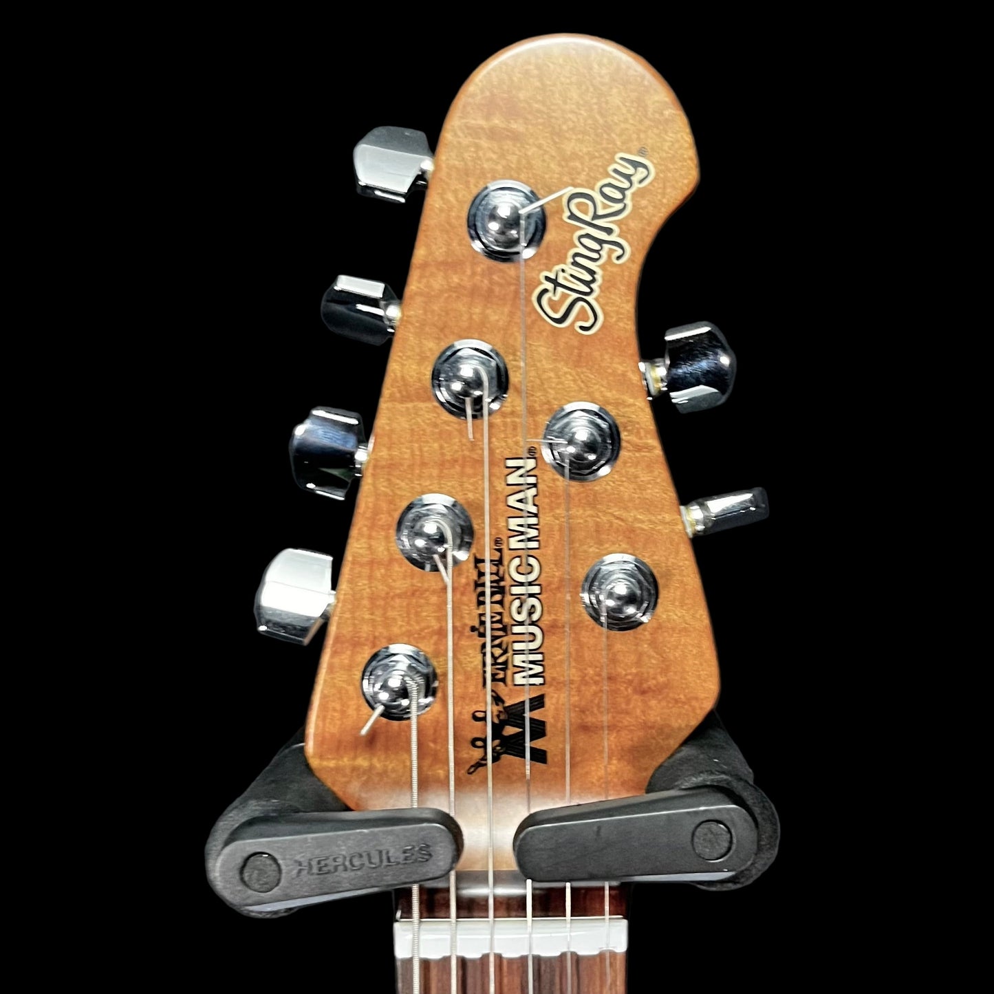 Headstock of Used 2018 Music Man Stringray RS Charcoal Frost Roasted Neck RW Guitar w/Case TFW2641