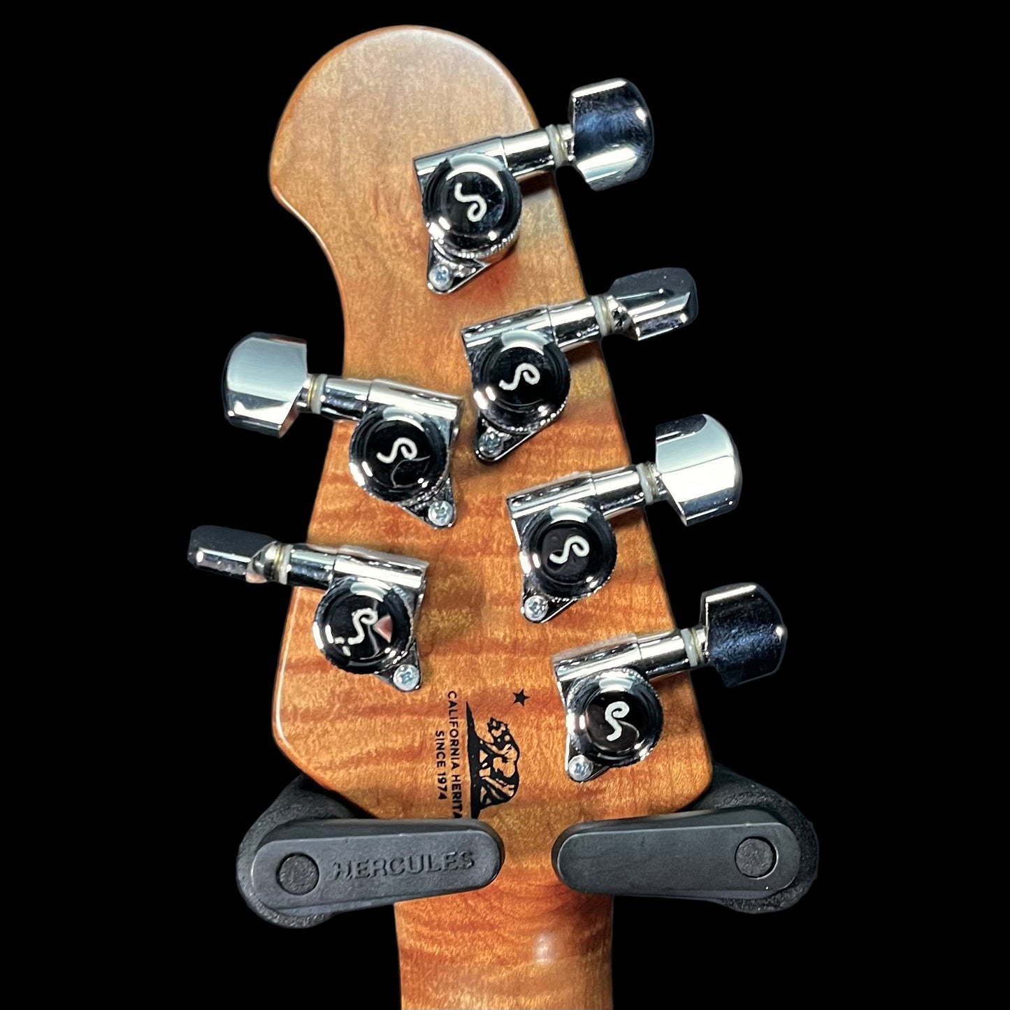 Back of headstock of Used 2018 Music Man Stringray RS Charcoal Frost Roasted Neck RW Guitar w/Case TFW2641