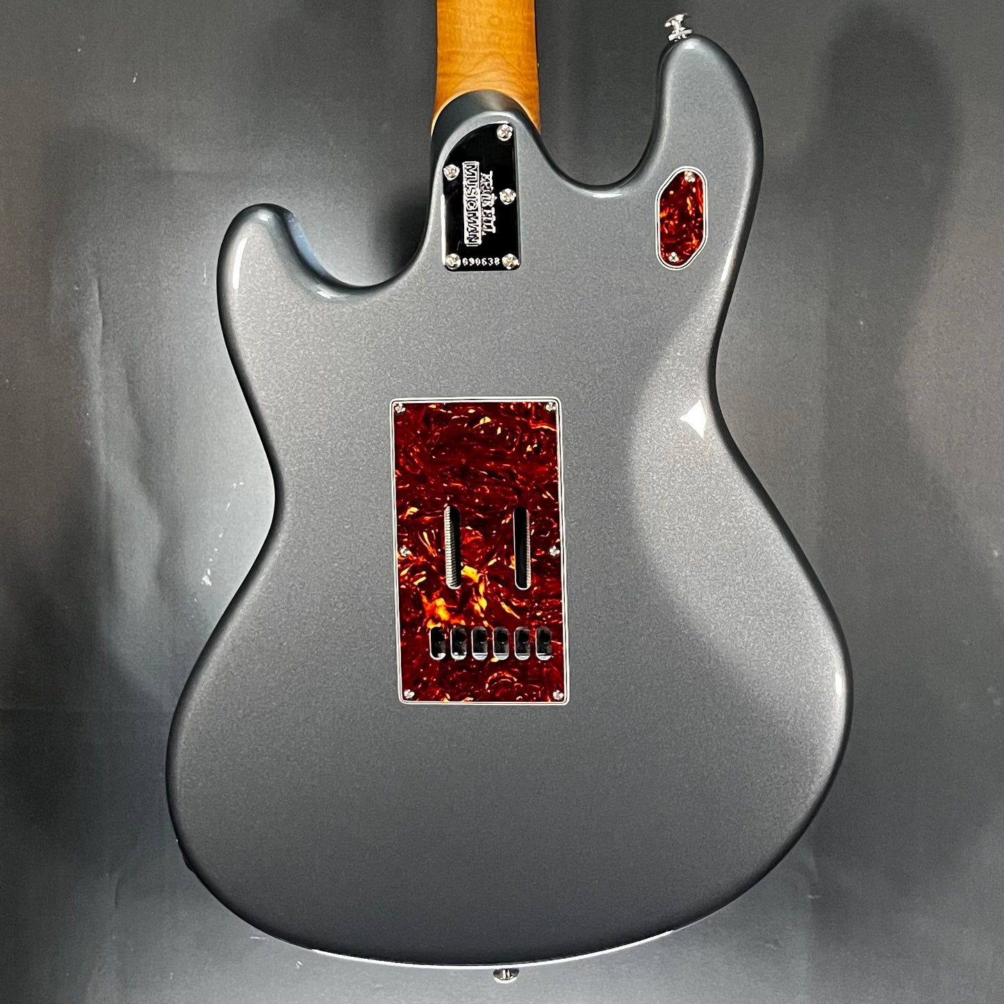 Back of Used 2018 Music Man Stringray RS Charcoal Frost Roasted Neck RW Guitar w/Case TFW2641