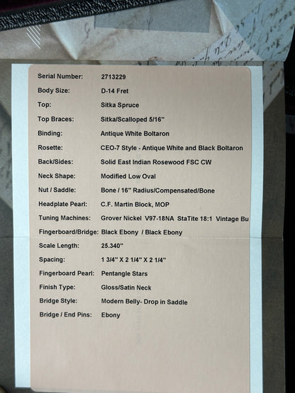 Spec sheet for Used Martin Custom Shop Dread Red/White/Blue Sitka/EIR.