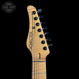 Headstock of Used Schecter Sunset 24-7 USA Custom Shop Trans Black Pearl.