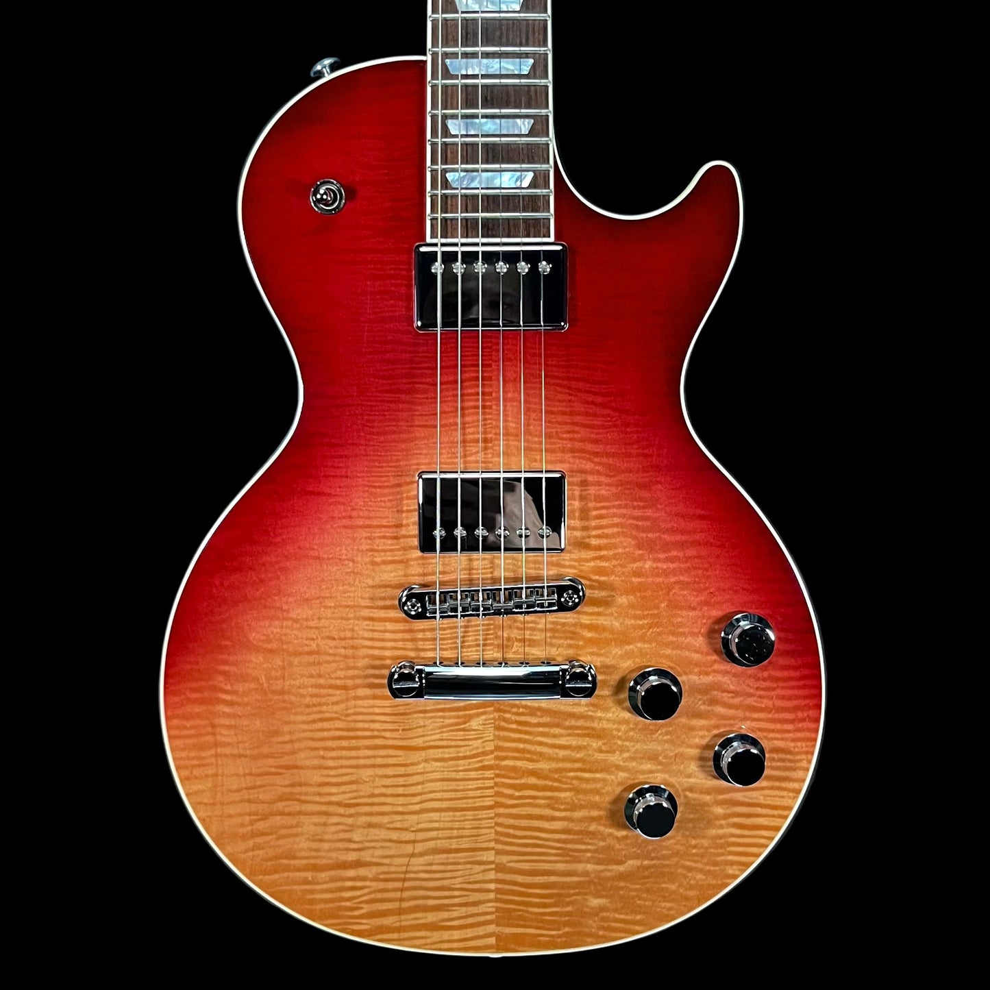 Front of Used 2018 Gibson HP High Performance Les Paul Hot Pink Fade w/Aluminum Flight Case TFW2642