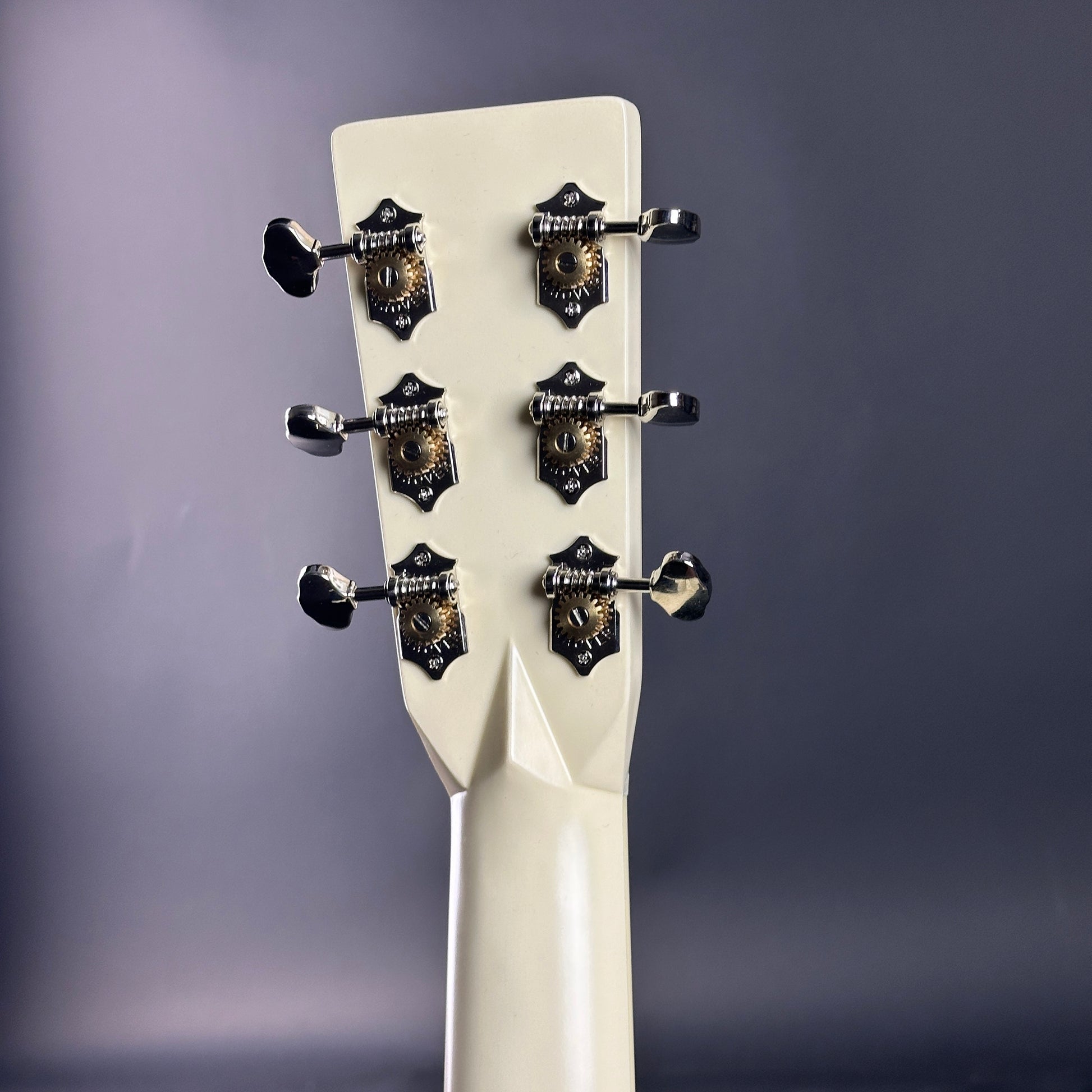 Back of headstock of Used Martin Custom Shop Dread Red/White/Blue Sitka/EIR.