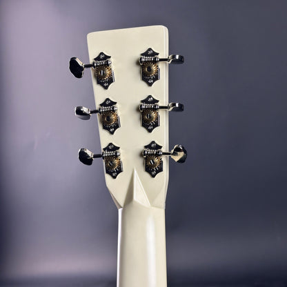 Back of headstock of Used Martin Custom Shop Dread Red/White/Blue Sitka/EIR.