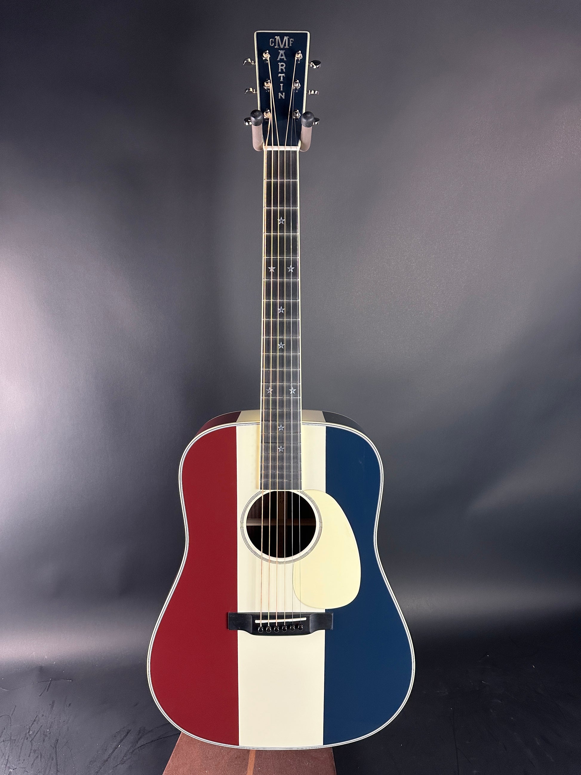 Full front of Used Martin Custom Shop Dread Red/White/Blue Sitka/EIR.