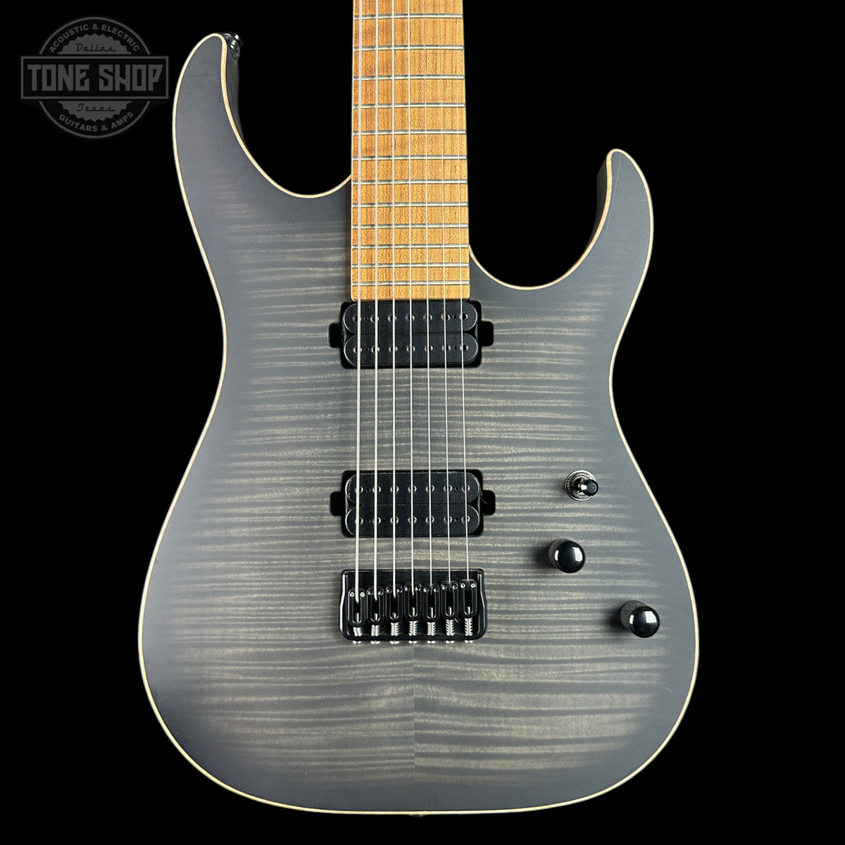 Front of Used Schecter Sunset 24-7 USA Custom Shop Trans Black Pearl.