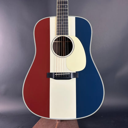 Front of Used Martin Custom Shop Dread Red/White/Blue Sitka/EIR.