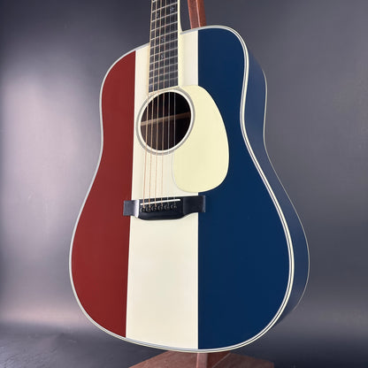 Front angle of Used Martin Custom Shop Dread Red/White/Blue Sitka/EIR.