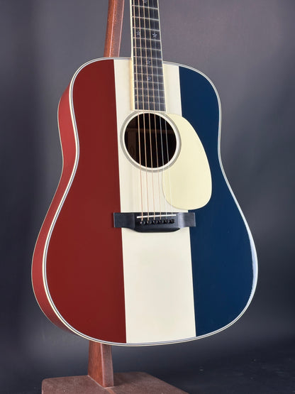 Front angle of Used Martin Custom Shop Dread Red/White/Blue Sitka/EIR.