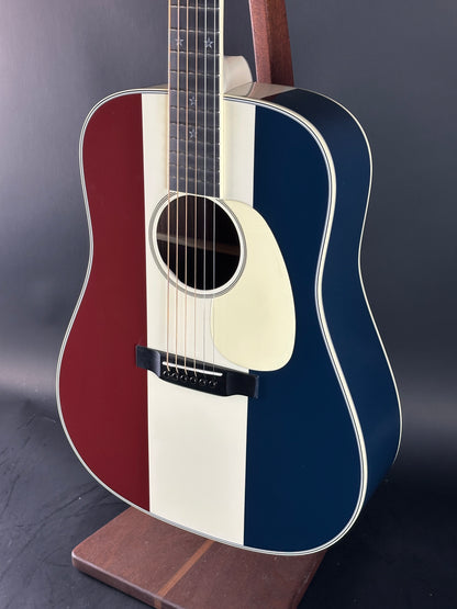 Front angle of Used Martin Custom Shop Dread Red/White/Blue Sitka/EIR.