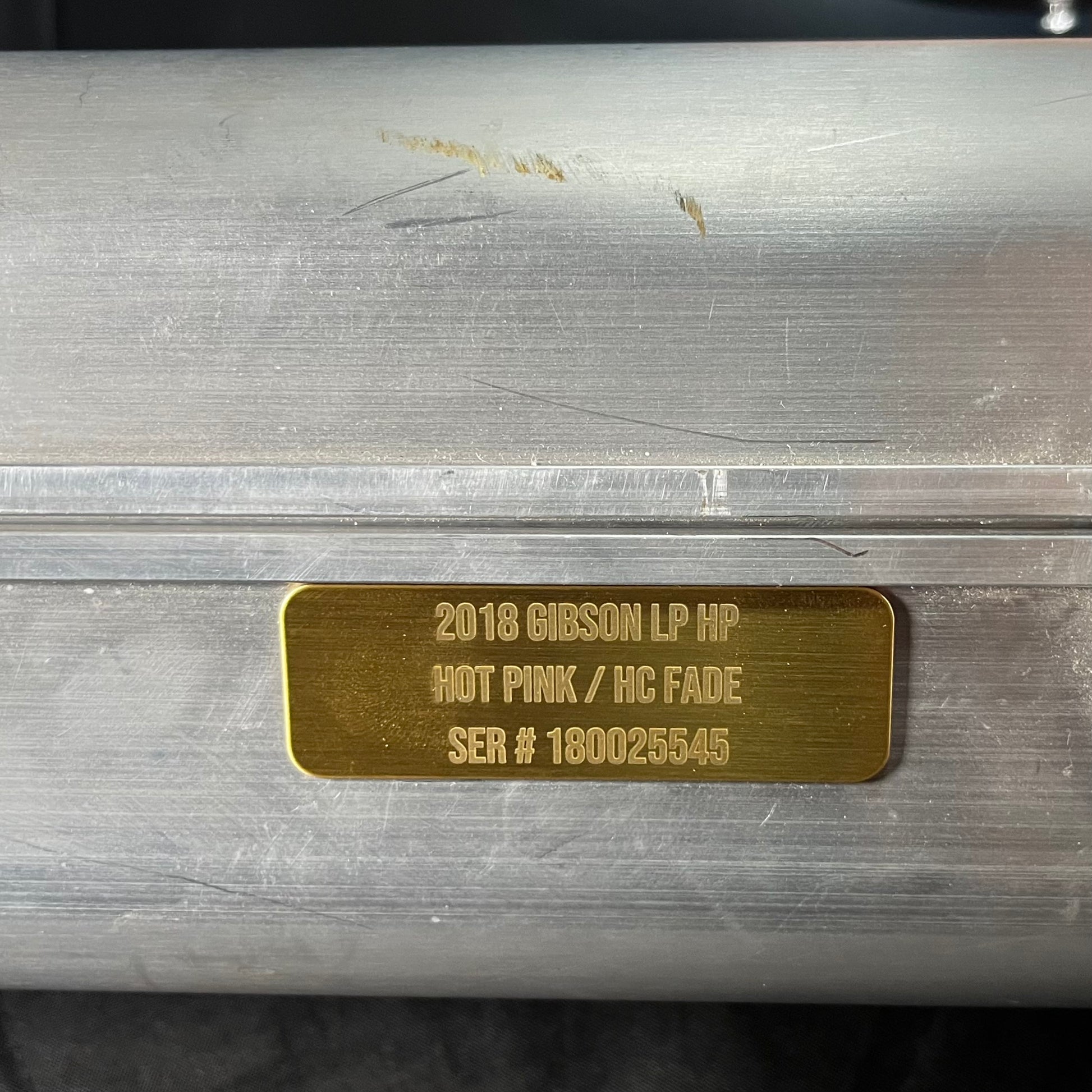 Badge on case of Used 2018 Gibson HP High Performance Les Paul Hot Pink Fade w/Aluminum Flight Case TFW2642