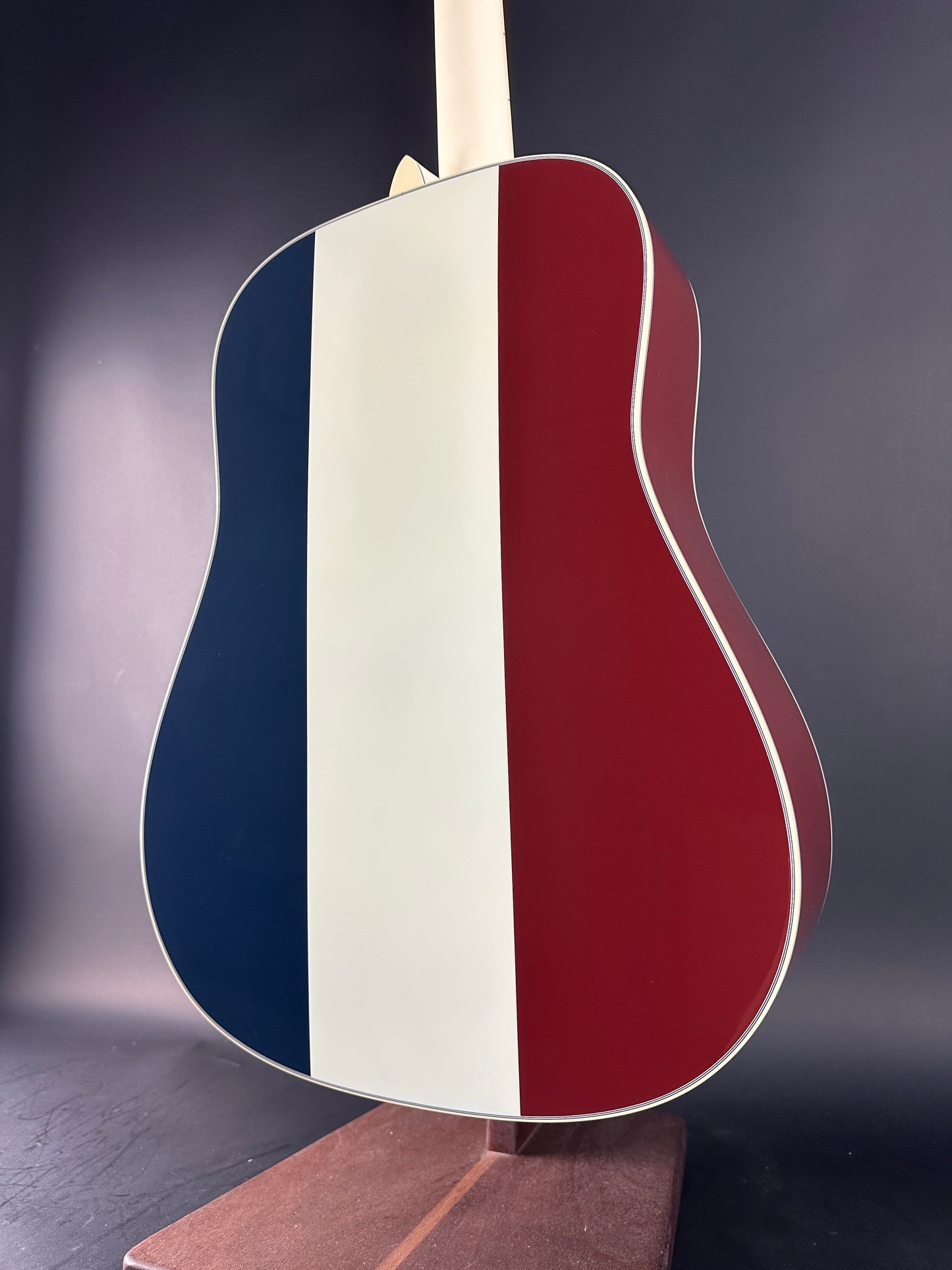 Back angle of Used Martin Custom Shop Dread Red/White/Blue Sitka/EIR.