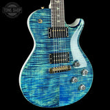 Front angle of PRS Tremonti Stoptail 10 Top River Blue Pearl.