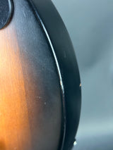 Close-up of a guitar neck with a black pickguard on a gray background