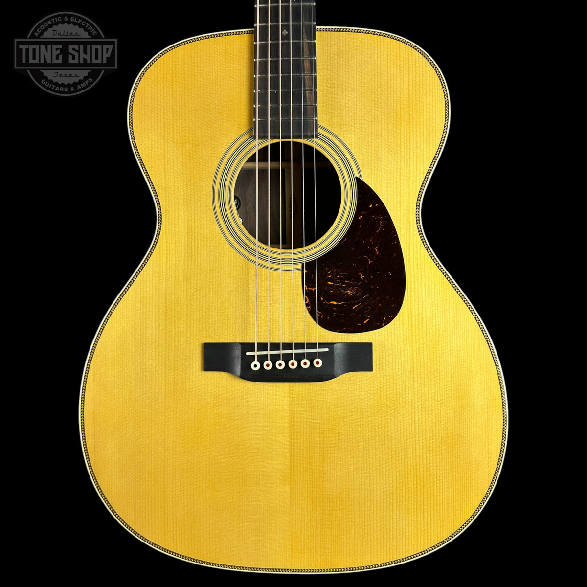 Front of Used Martin Custom Shop OM-28 Adirondack / Wild East Indian Rosewood.