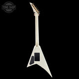 A white Ibanez ZVX electric guitar shown from the rear against a solid black background, featuring a white body with black pickups and gold tuning pegs.