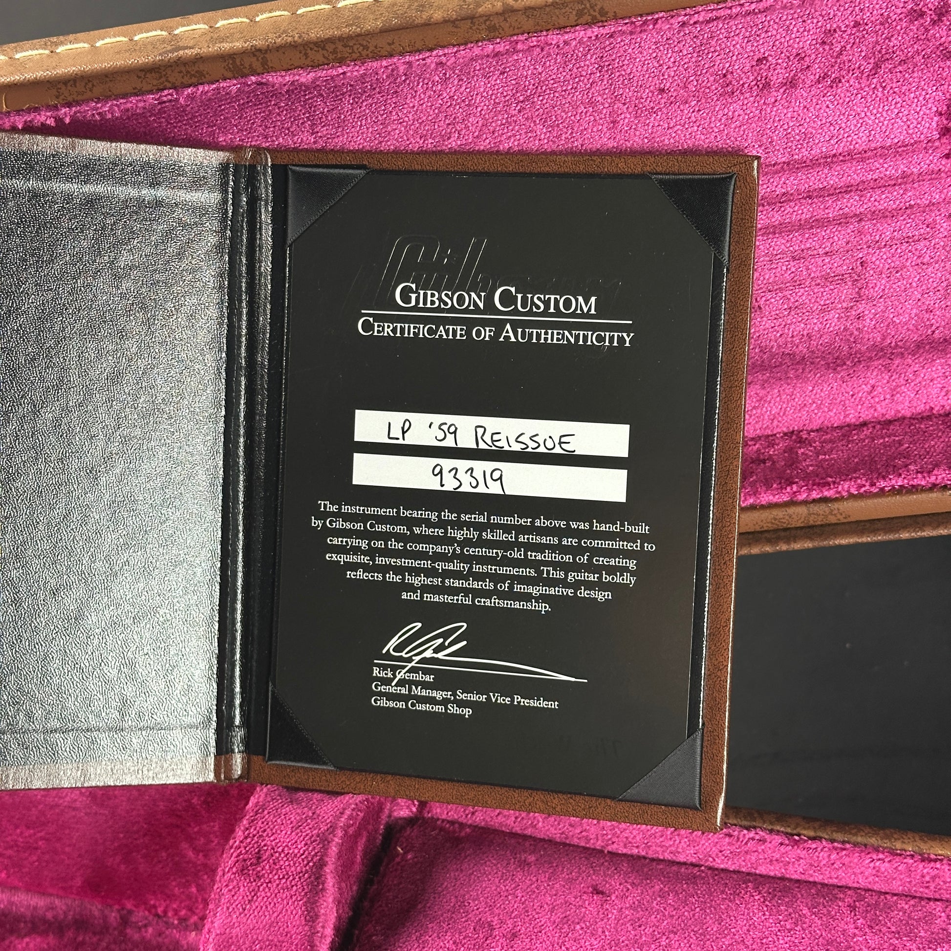Gibson Custom Certificate of Authenticity inside a pink case