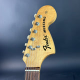 Headstock of Vintage 1974 Fender Mustang 3 Color Sunburst.