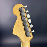 Back of headstock of Vintage 1974 Fender Mustang 3 Color Sunburst.