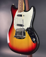 Front angle of Vintage 1974 Fender Mustang 3 Color Sunburst.