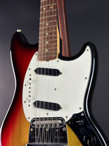Front angle of Vintage 1974 Fender Mustang 3 Color Sunburst.