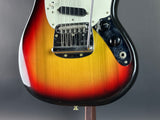 Front angle of Vintage 1974 Fender Mustang 3 Color Sunburst.