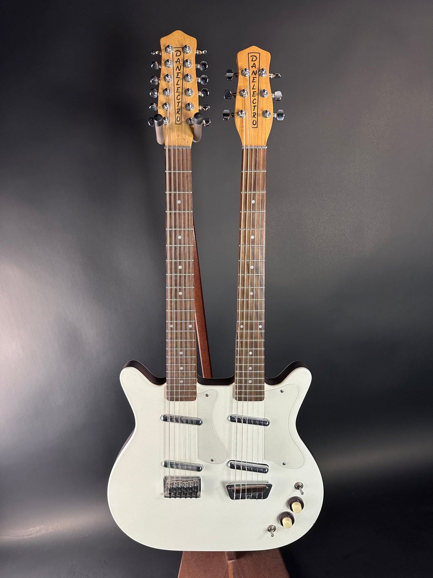 Full front of Used Danelectro Double Neck 6/12 White.