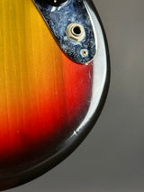 Front angle of Vintage 1974 Fender Mustang 3 Color Sunburst.