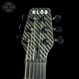 Guitar headstock with carbon fiber pattern and 'KLöS' branding on a black background.