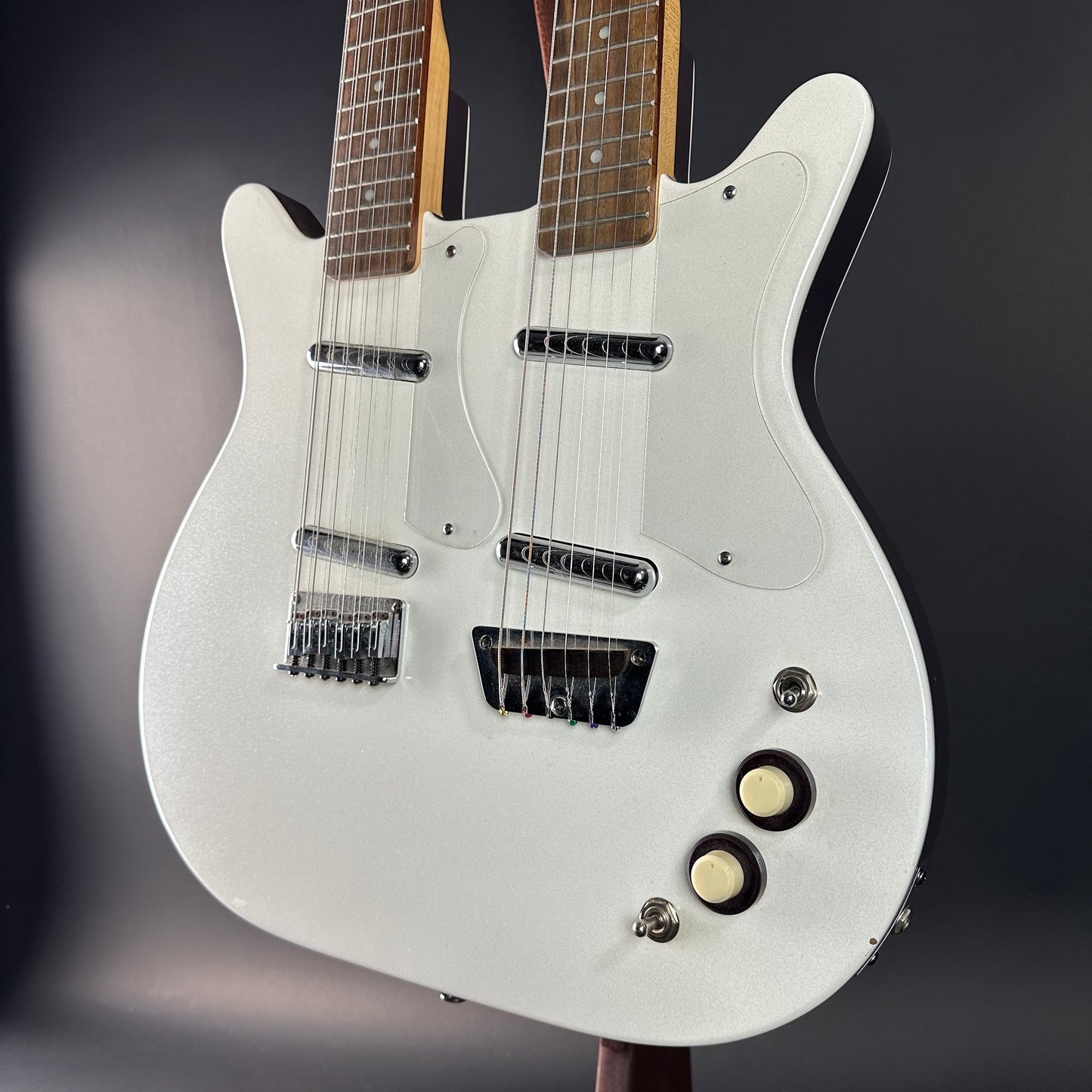 Front angle of Used Danelectro Double Neck 6/12 White.