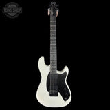 White electric guitar with black details on a white background, featuring the brand 'Klos'.